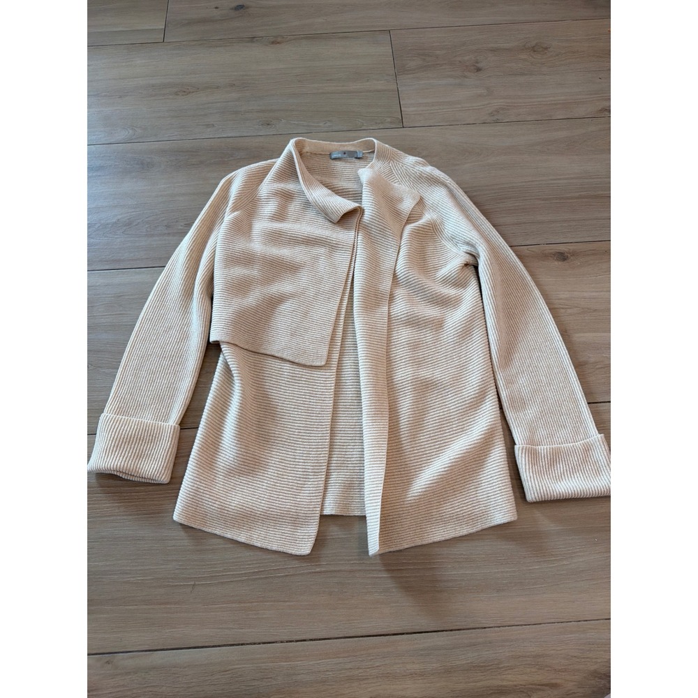 Vince Wool Cashmere Ribbed Asymmetric Open Front Cardigan Cream XS